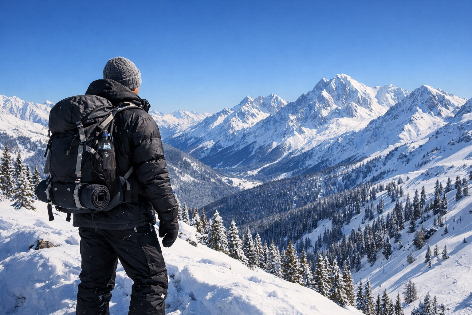 Kis mevsiminde karli dag manzarasi ve hazirlik