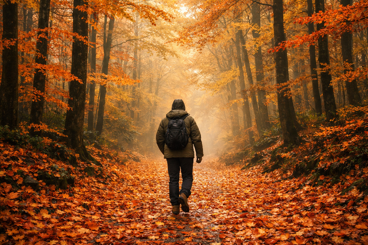 Sonbaharda yaprak dokumuyle renklenenmis orman yolu